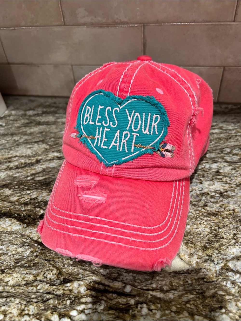 Coral Pink 'Bless Your Heart' Corded Patch Baseball Cap
